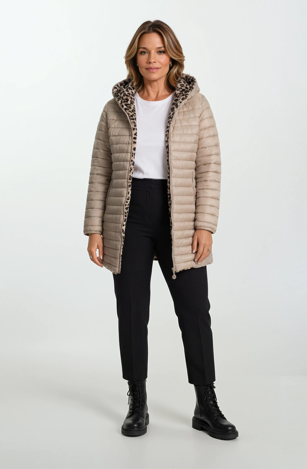 Sorrentino Çift Taraflı Kapitoneli Leopar Peluş Kapüşonlu Kaban VİZON