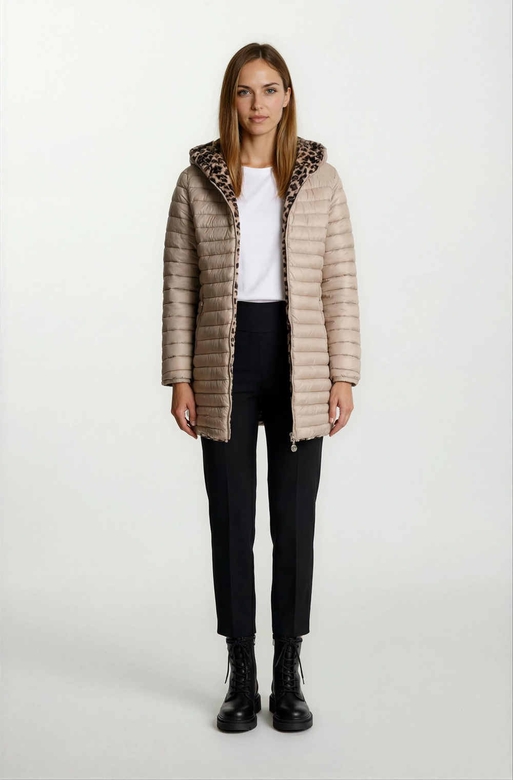 Sorrentino Çift Taraflı Kapitoneli Leopar Peluş Kapüşonlu Kaban VİZON