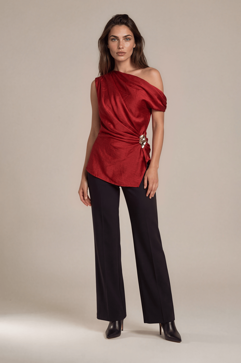 Tek Omuz Drape Aksesuar Detaylı Bluz KIRMIZI