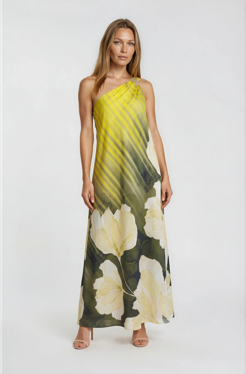 Tek Omuz Metal Aksesuarlı Davet Elbisesi HAKİ