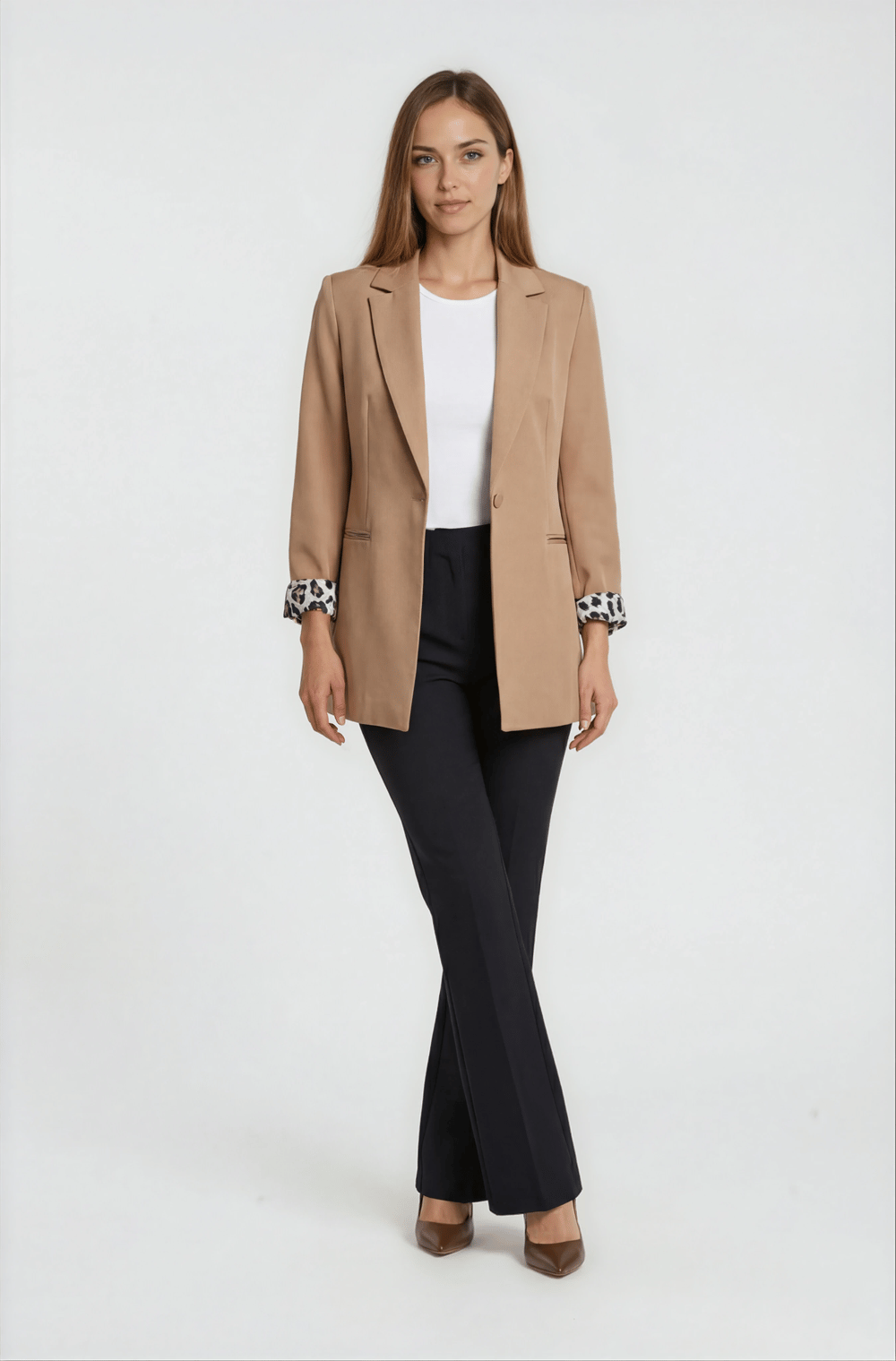 Tetterina Tek Düğme Leopar Astarlı Ceket CAMEL