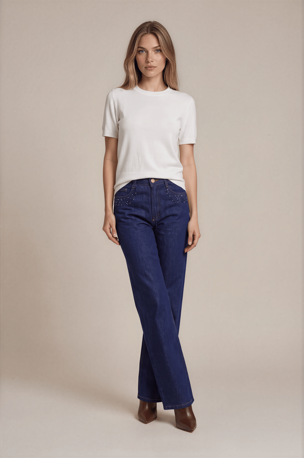 Yüksek Bel Taş İşlemeli Geniş Paça Denim Pantolon LACİVERT