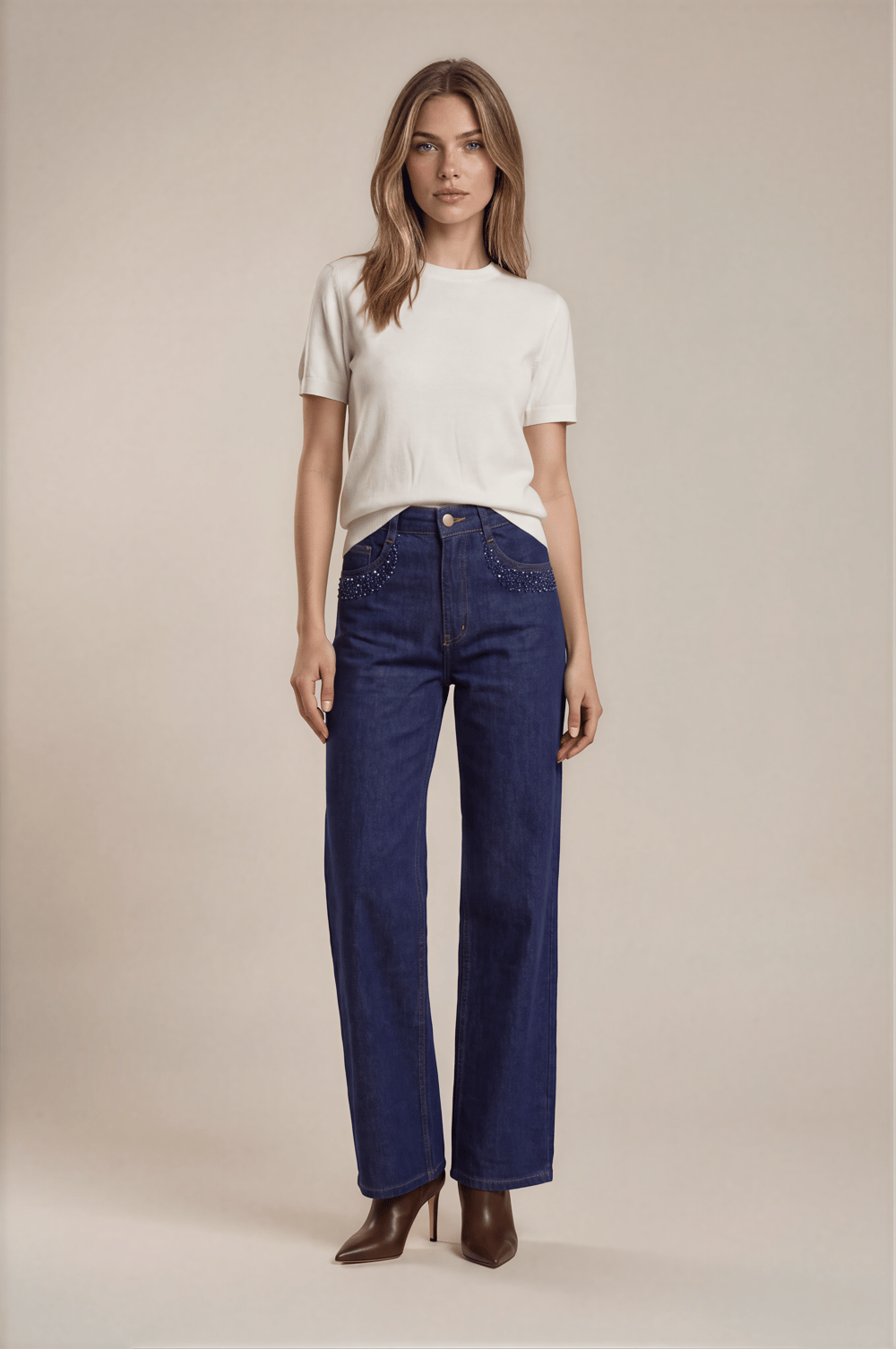 Yüksek Bel Taş İşlemeli Geniş Paça Denim Pantolon LACİVERT