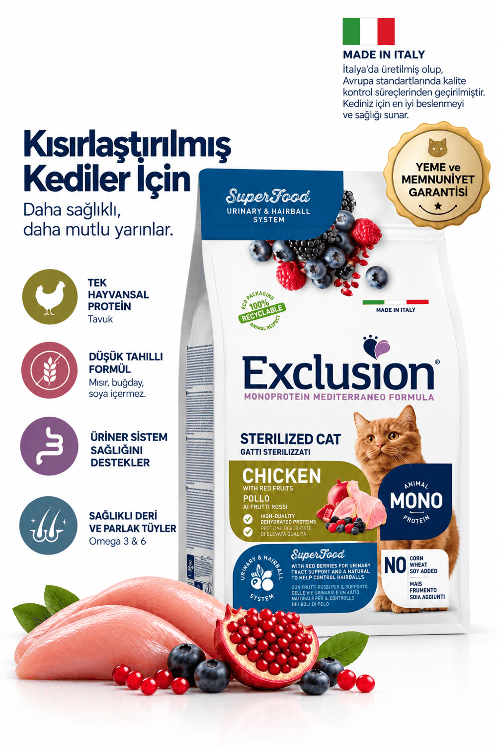 Exclusion Monoprotein Tavuk etli ve Narlı Düşük Tahıllı Kısırlaştırılmış Kedi Maması 12kg