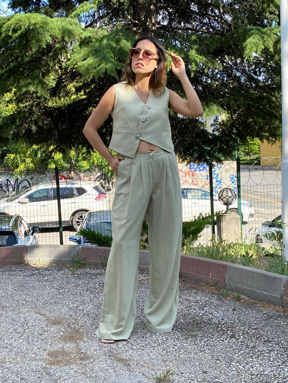 Çağla Yeşili Keten Pantolon Yelek Takım