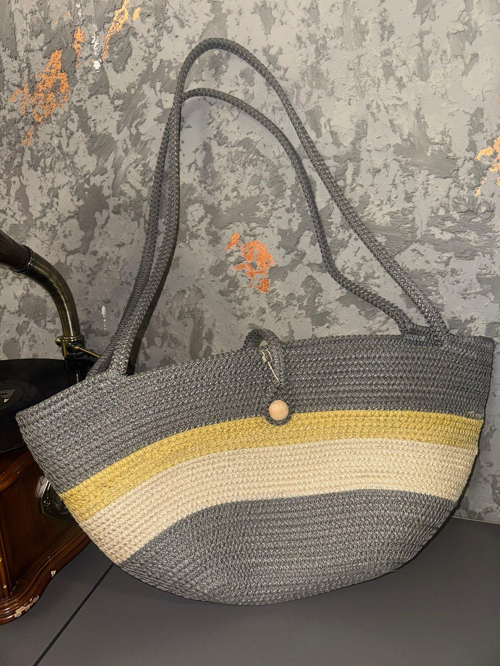 Hasır Bej Gri Çizgili Summer Bag Çanta