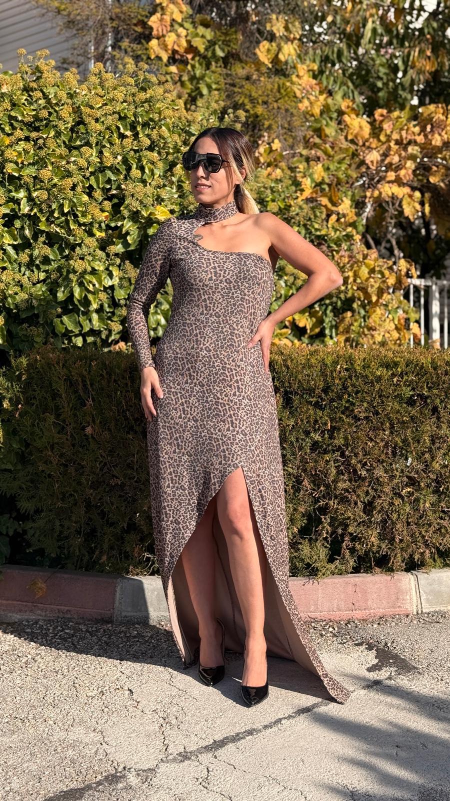 IŞILTI DETAY LEOPAR ELBİSE