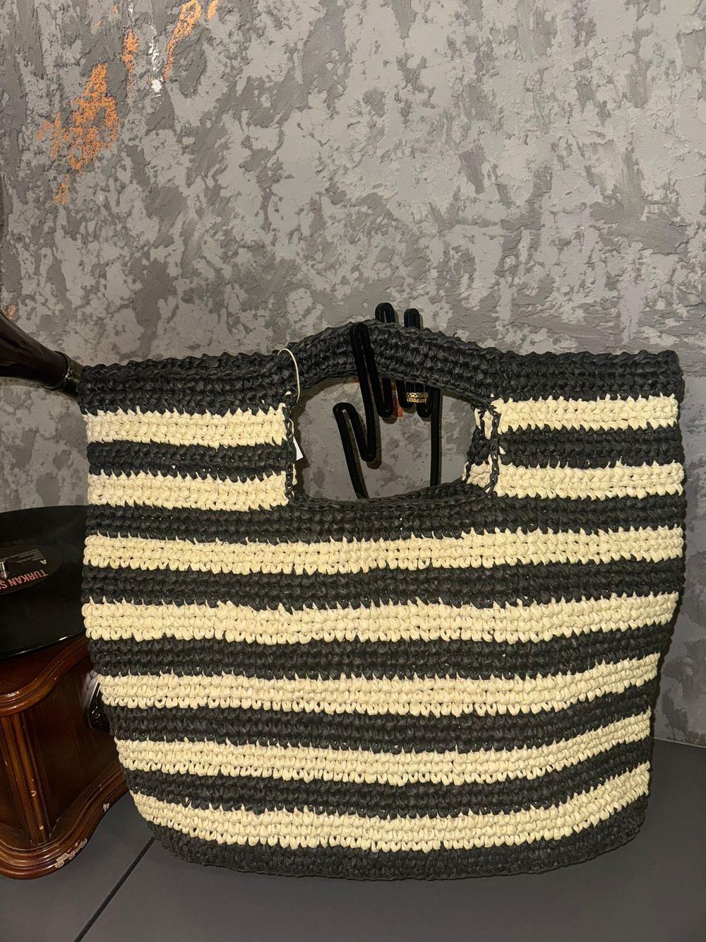 Sİyah Ekru Çİzgili Hasır Nepherite Çanta