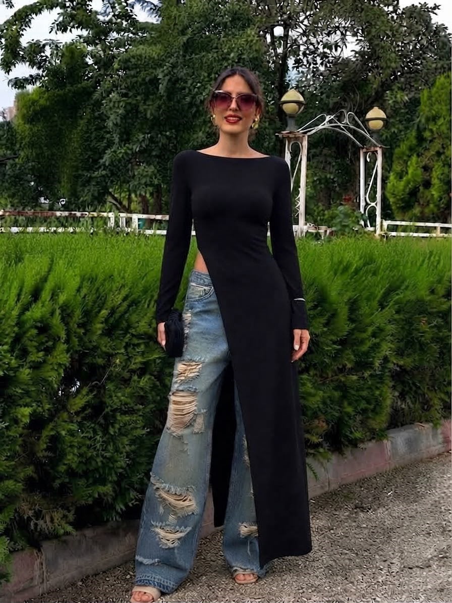 Siyah Sandy Kumaş Asimetrik Kesim Tunik