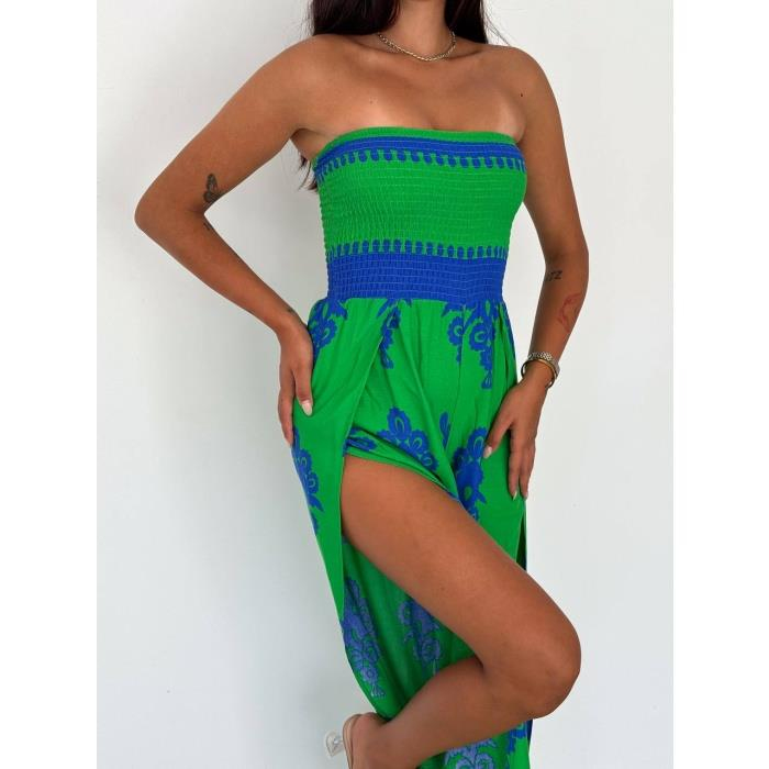 Straplez Etnik Desen Yeşil Mavi Tulum