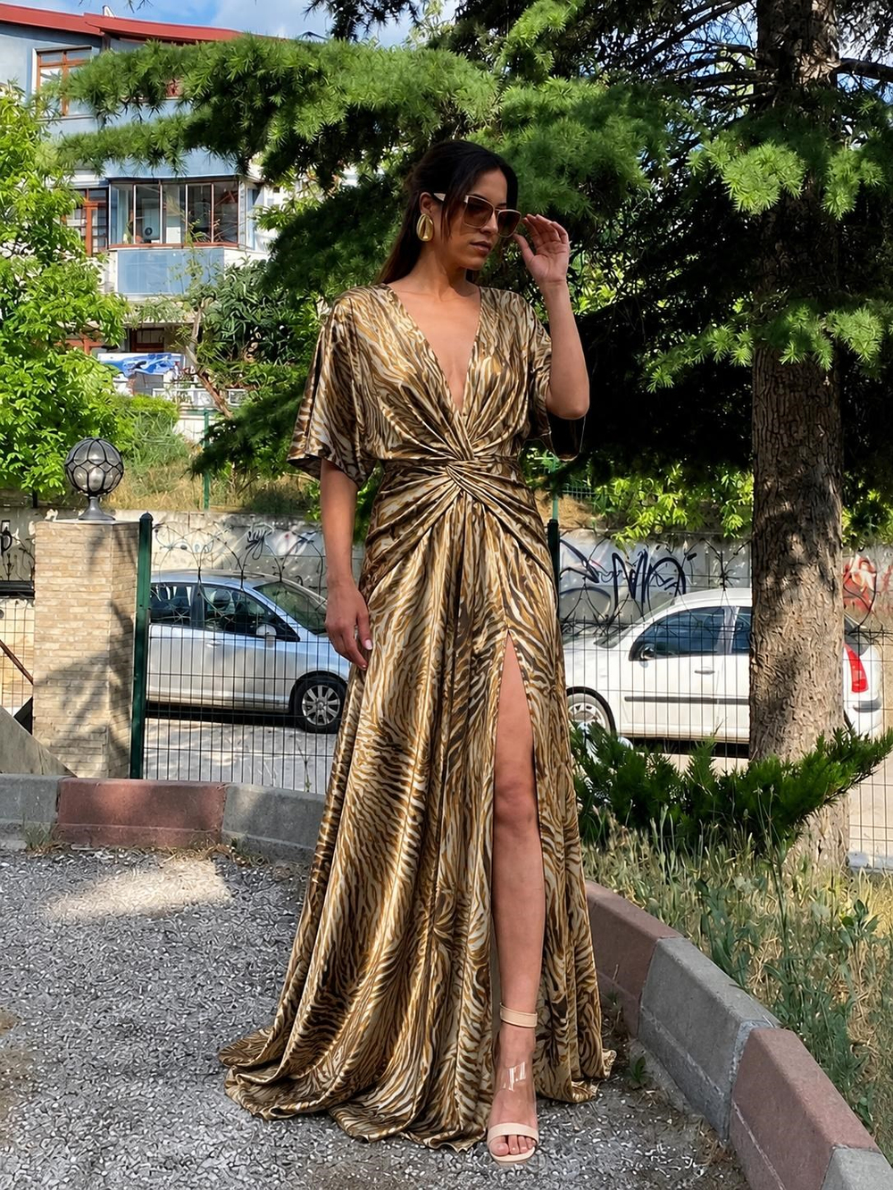 zebra desen saten tasarım elbise