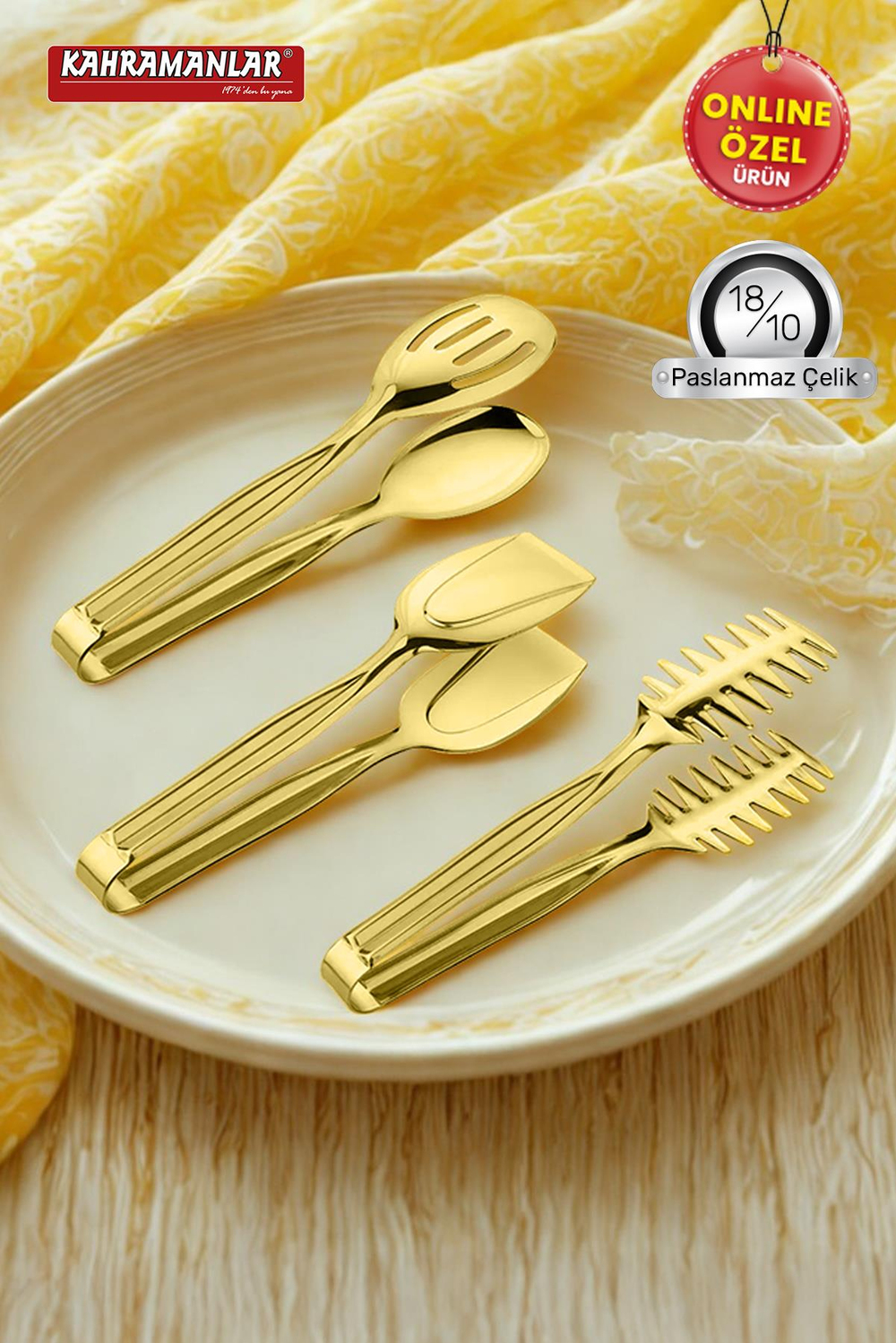 KahramanlarDemre 3'lü Gold Çelik Izgara Salata Krep Maşa Seti9061