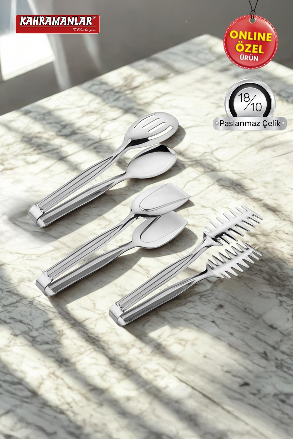 KahramanlarDemre 3'lü Platin Çelik Izgara Salata Krep Maşa Seti9060