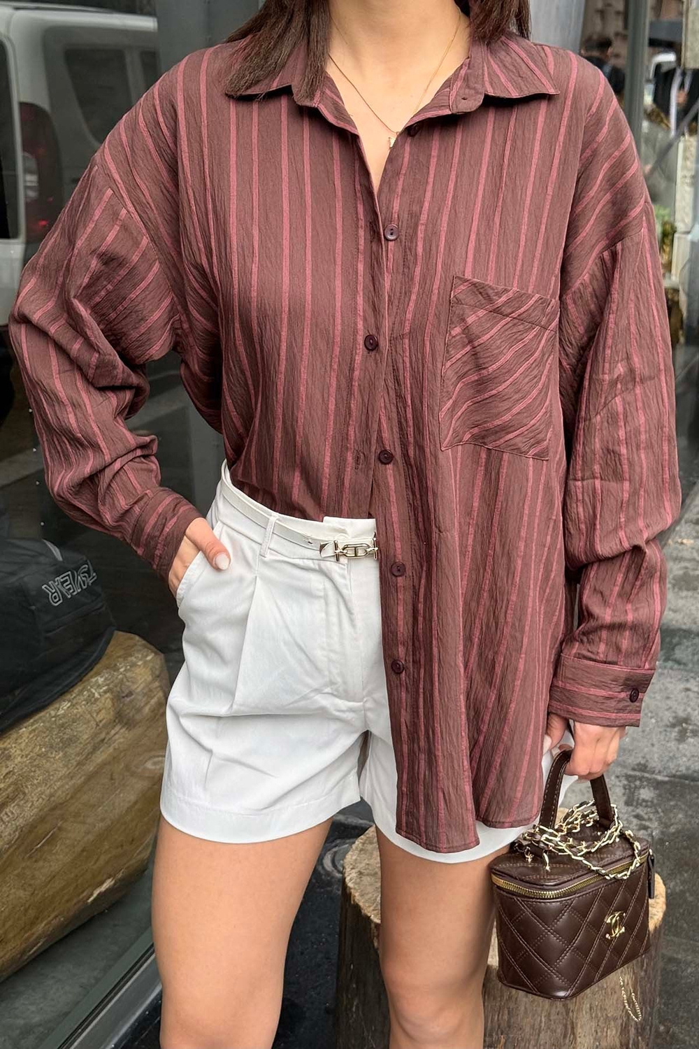 Kadın Kahverengi Oversize Gömlek Salaş Kesim Şık Günlük Gömlek