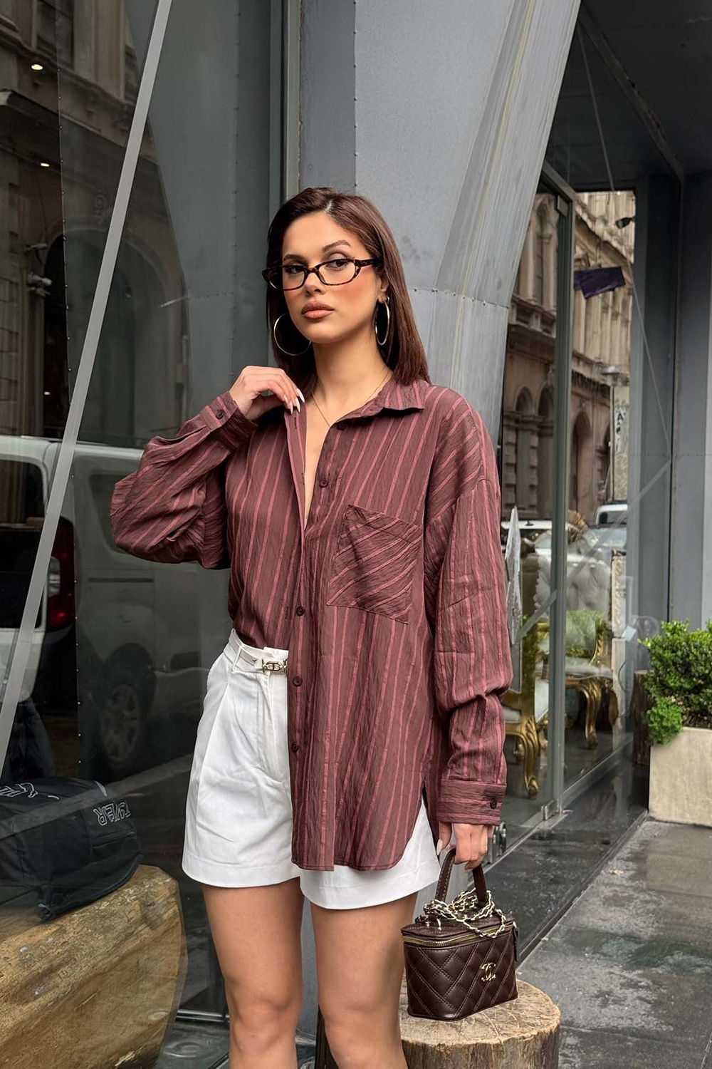 Kadın Kahverengi Oversize Gömlek Salaş Kesim Şık Günlük Gömlek