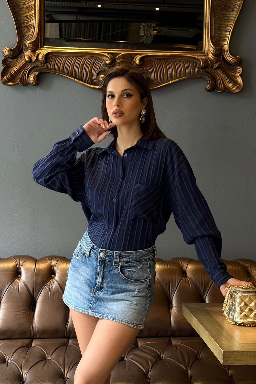 Kadın Lacivert Oversize Gömlek Salaş Kesim Şık Günlük Gömlek