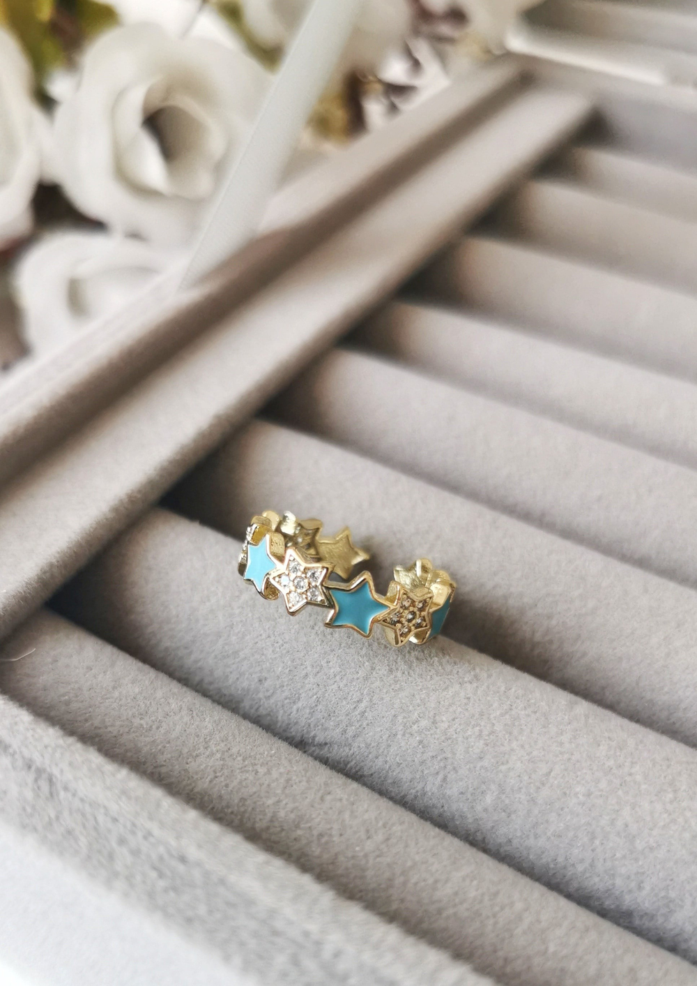 14K Gold Kaplama Beyaz Yıldız Figürlü Ayarlanabilir Çelik Yüzük