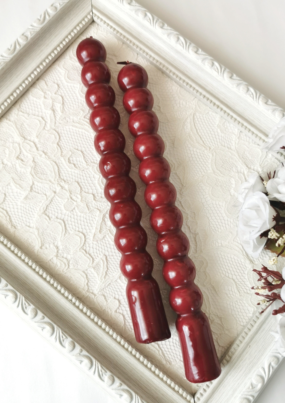 Bordo Yuvarlak Formlu Dekoratif Şamdan Mumu 2'li Set 21 cm