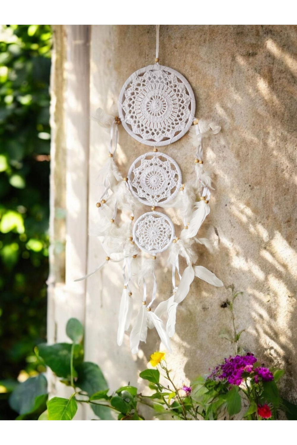 El Yapımı Beyaz Örgü Dantel ve Kuş Tüyü Süslemeli 3'lü Düş Kapanı Dreamcatcher