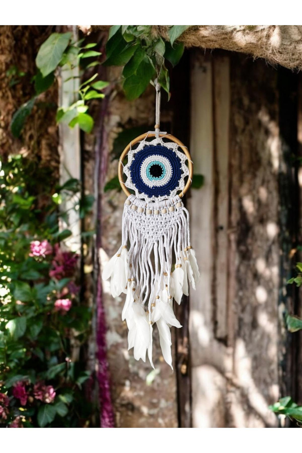 El Yapımı Nazarlık Örgülü ve Kuş Tüyü Süslemeli Düş Kapanı Dreamcatcher 18x60 cm