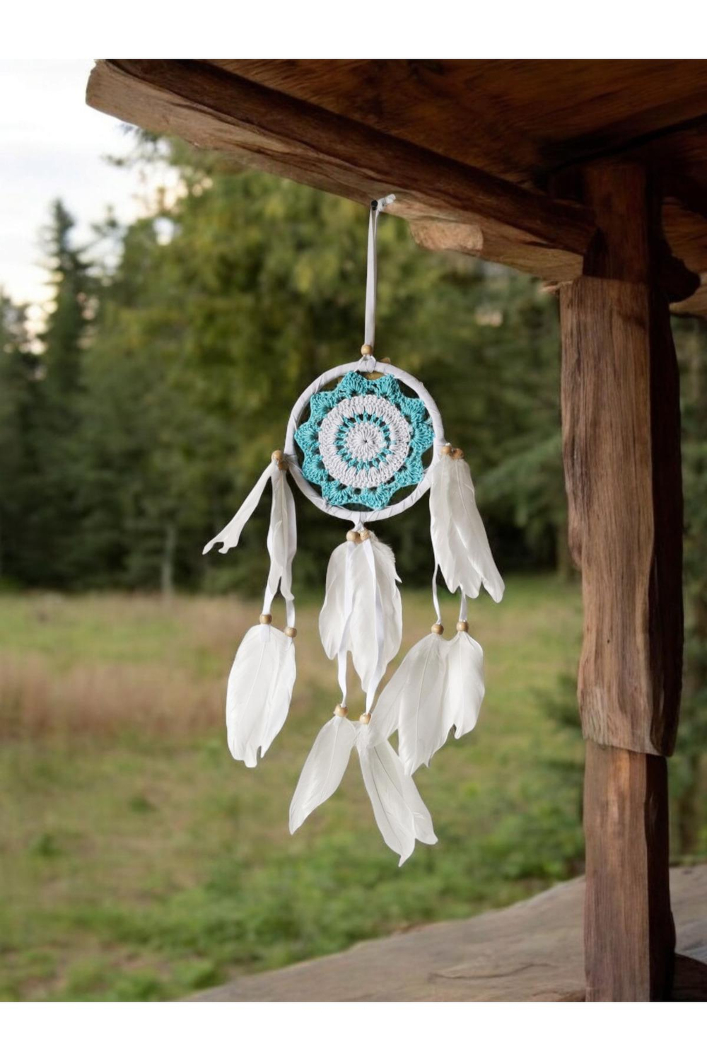 El Yapımı Örgü Dantel ve Kuş Tüyü Süslemeli Düş Kapanı Dreamcatcher 12x45 cm
