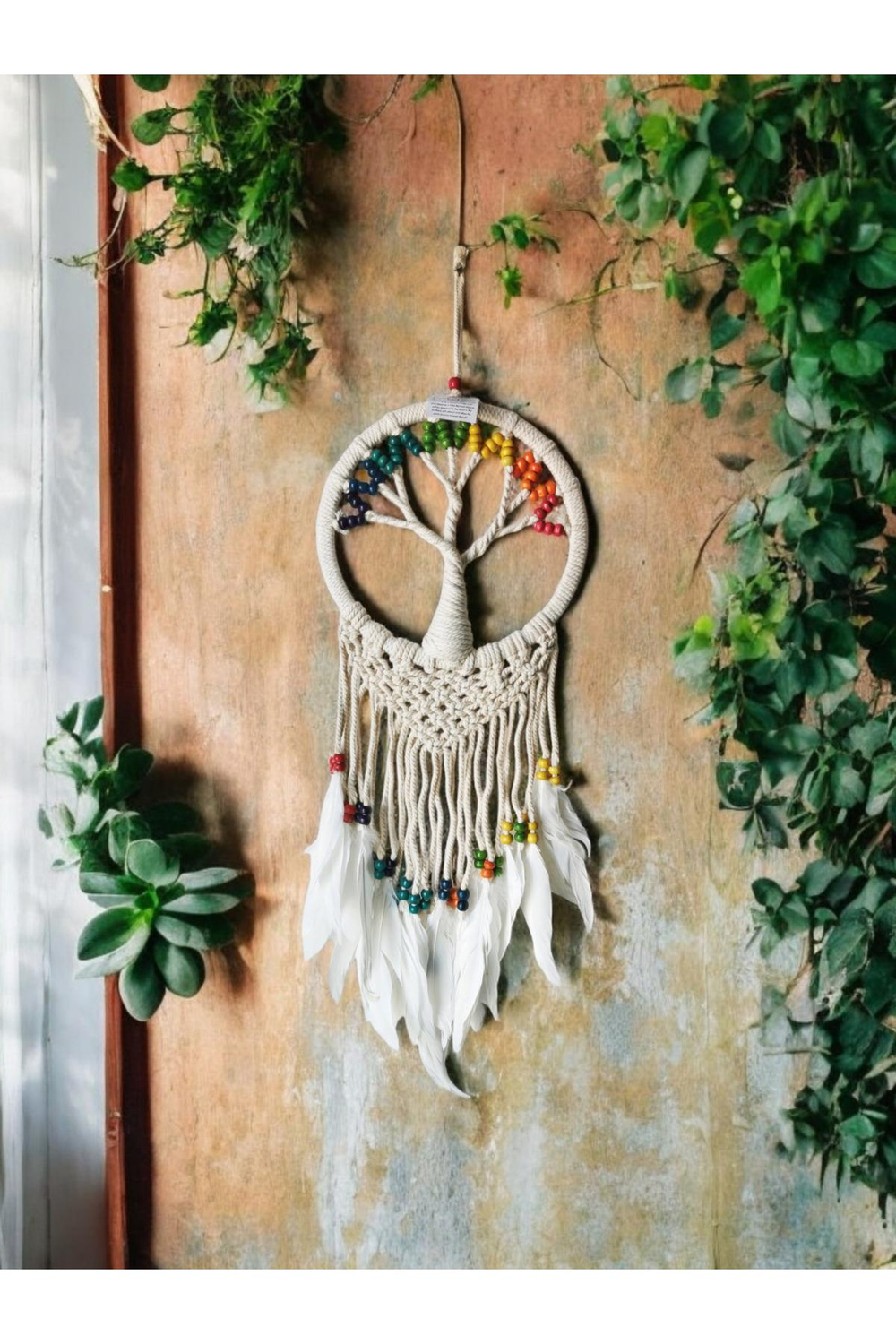 El Yapımı Renkli Ahşap Boncuklu Ağaç Modelli Düş Kapanı Dreamcatcher 23x70 cm