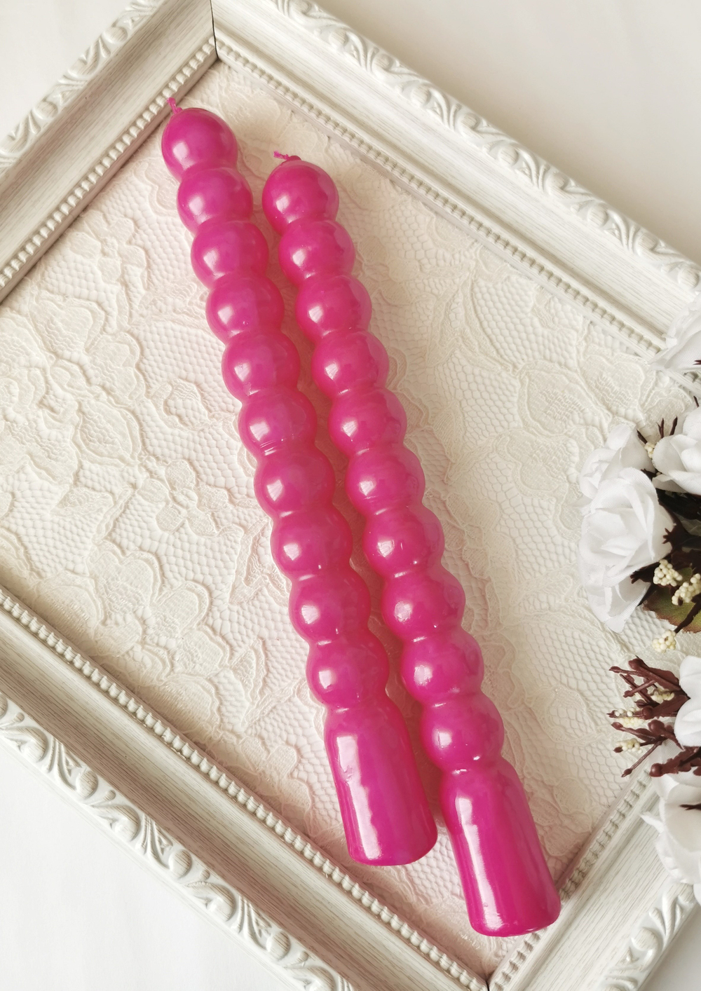 Fuşya Yuvarlak Formlu Dekoratif Şamdan Mumu 2'li Set 21 cm