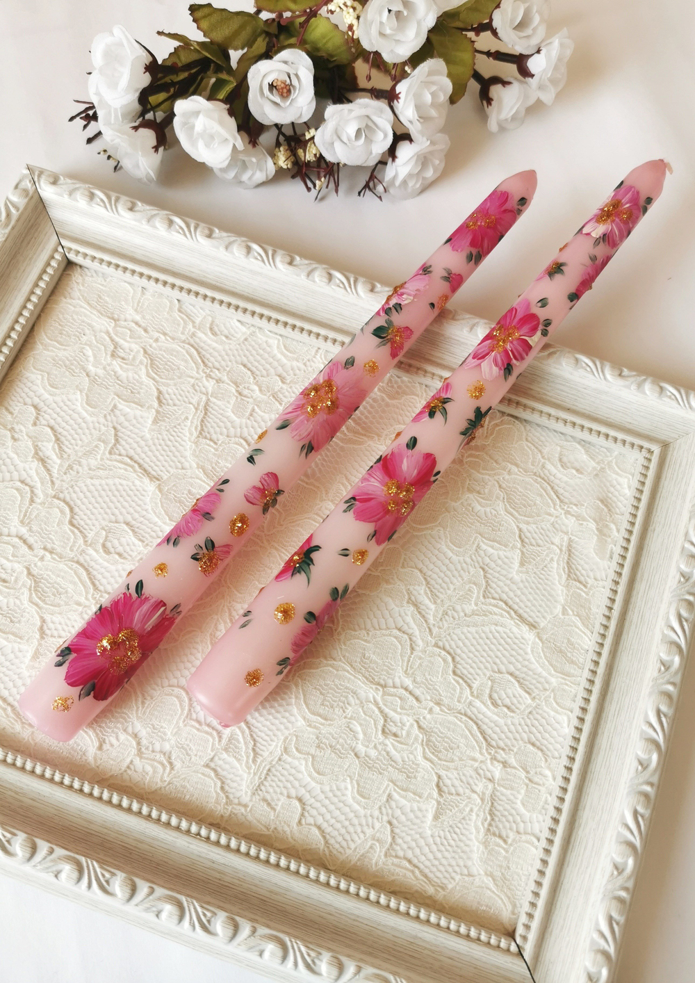 Pembe Çiçek Desenli El Boyaması Dekoratif İkili Mum – 25 cm