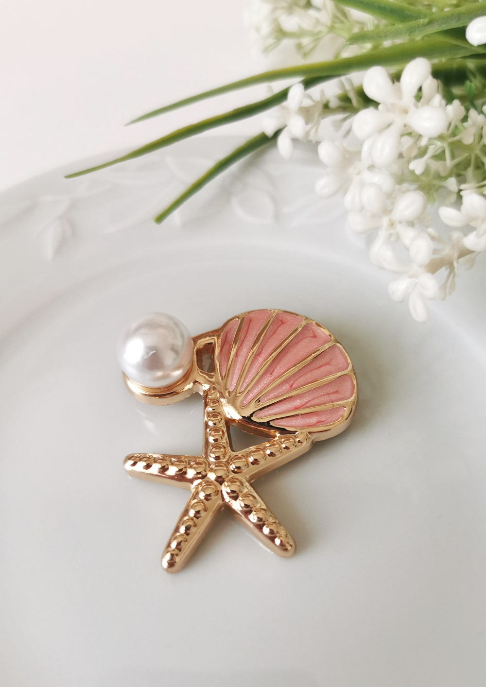Pembe Deniz Kabuğu ve İnci Detaylı Deniz Yıldızı Broş 5x5 cm