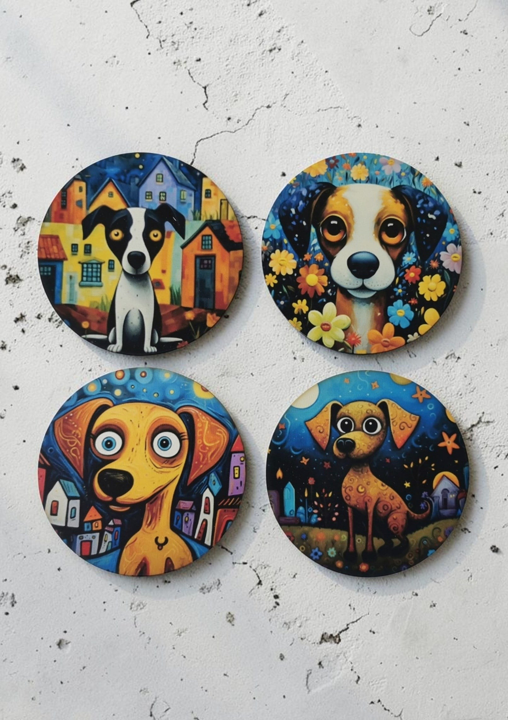 Pop Art Köpek Desenli Dekoratif Ahşap Bardak Altlığı Çap 10 cm