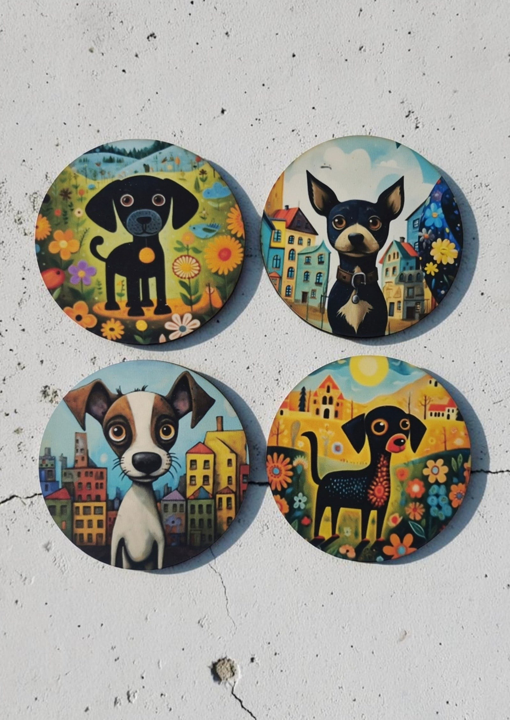 Pop Art Köpek Desenli Dekoratif Ahşap Bardak Altlığı Çap 10 cm