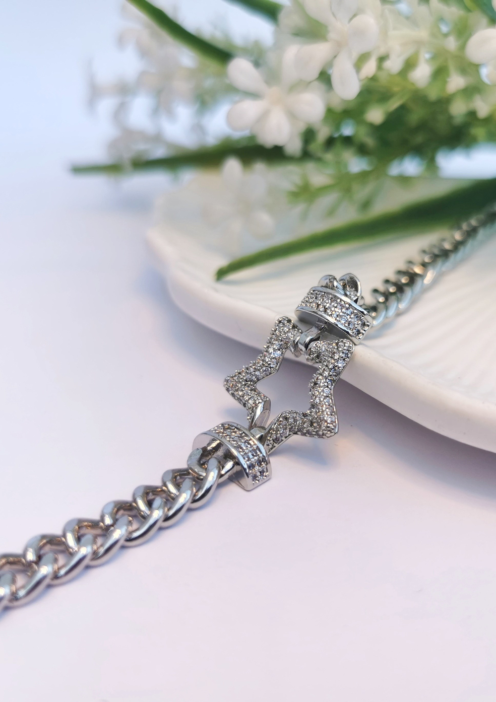Silver Yıldız Detaylı Gurmet Zincir Zirkon Çelik Bileklik