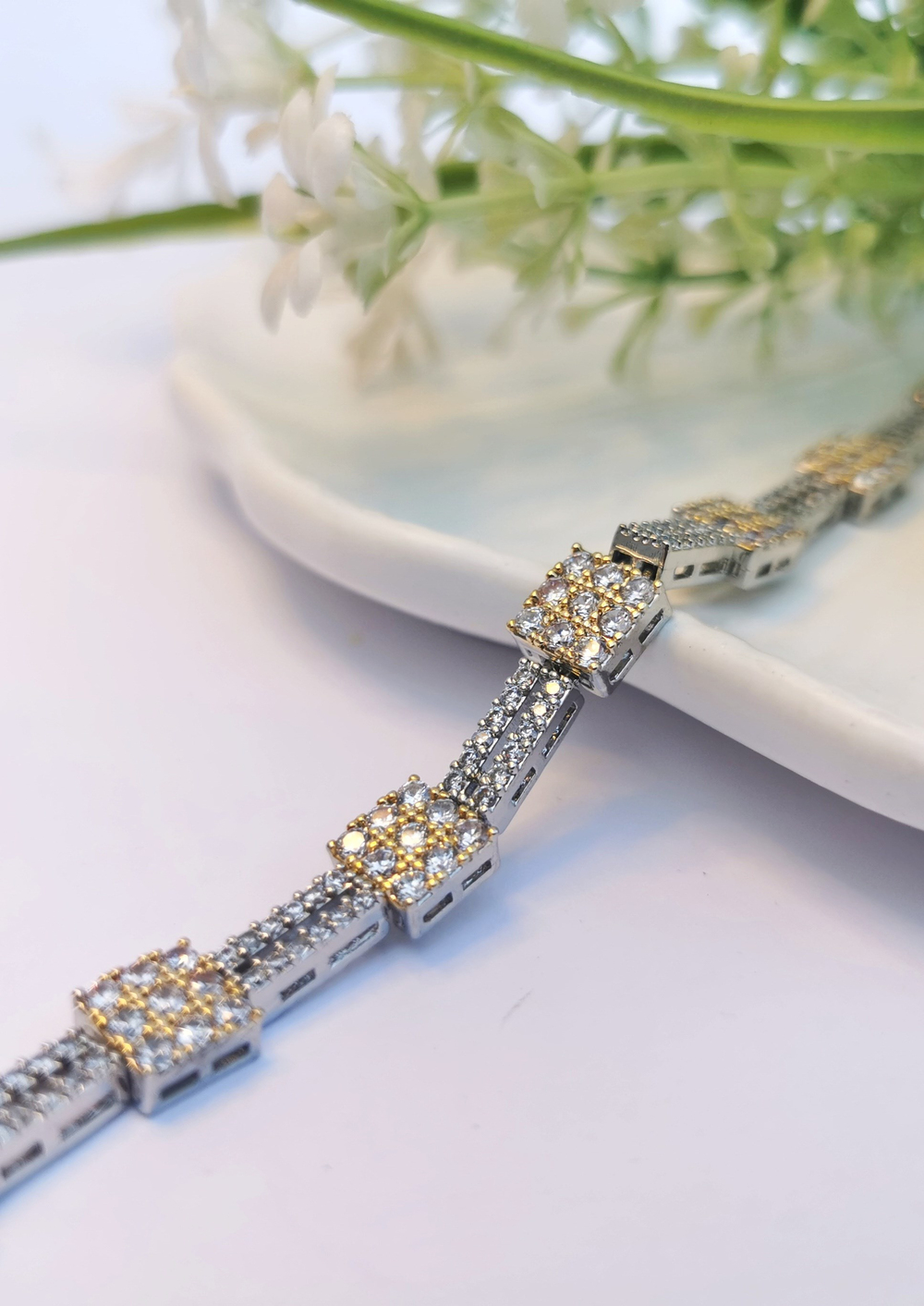 VIP Kare Gold & Silver Zirkon Çelik Bileklik
