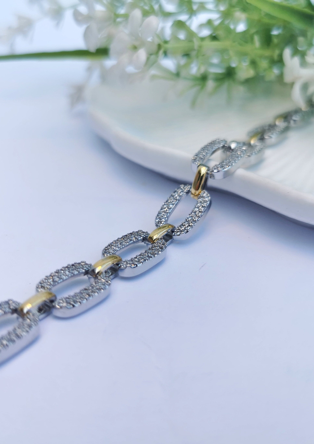 VIP Oval Halkalı Gold & Silver Zirkon Taşlı Çelik Bileklik