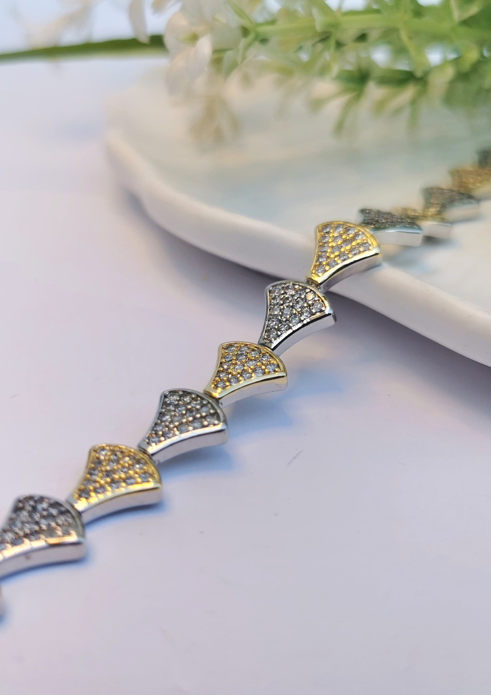 VIP Yelpaze Gold & Silver Zirkon Çelik Bileklik