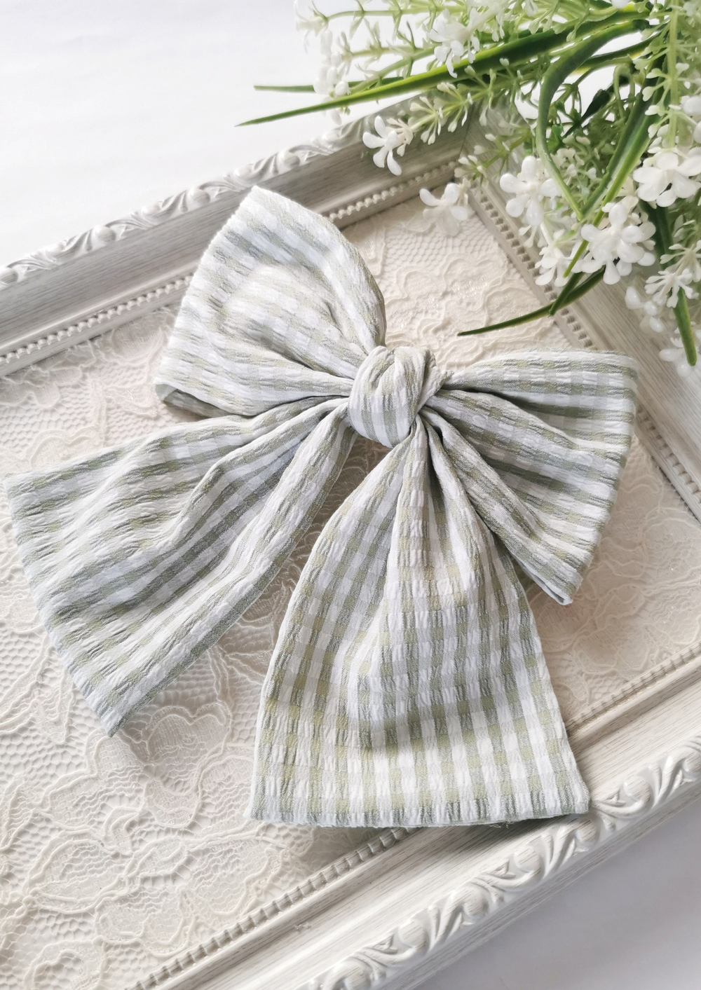 Yeşil Beyaz Pötikare Fiyonk Otomatik Klipsli Toka 14 x 14 cm