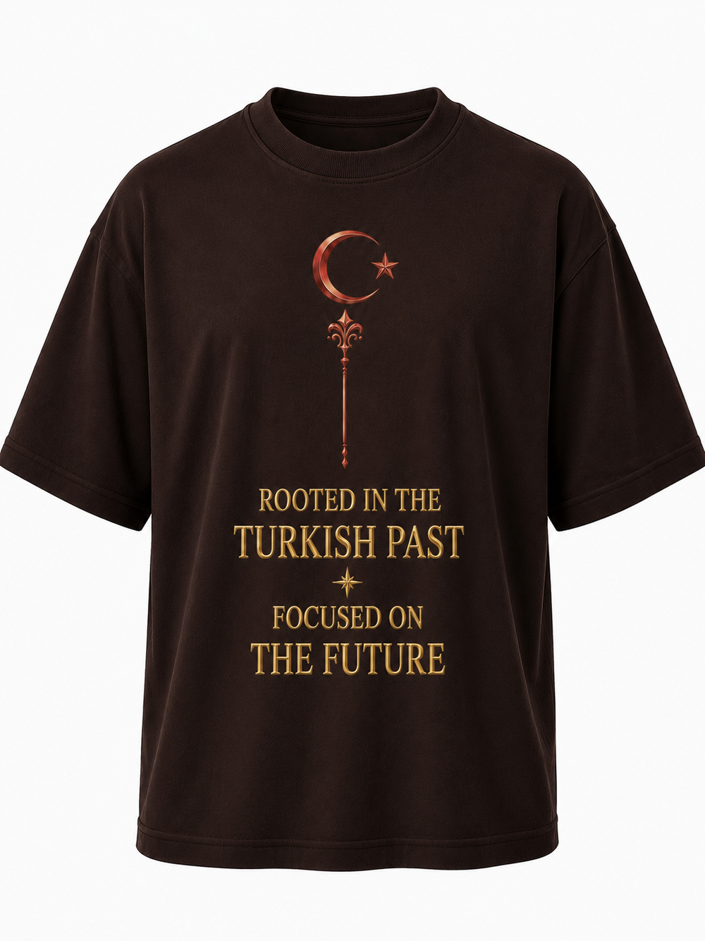 Eskitme Gold Ay Yıldız Premıum Kahverengi Oversize T-shırt