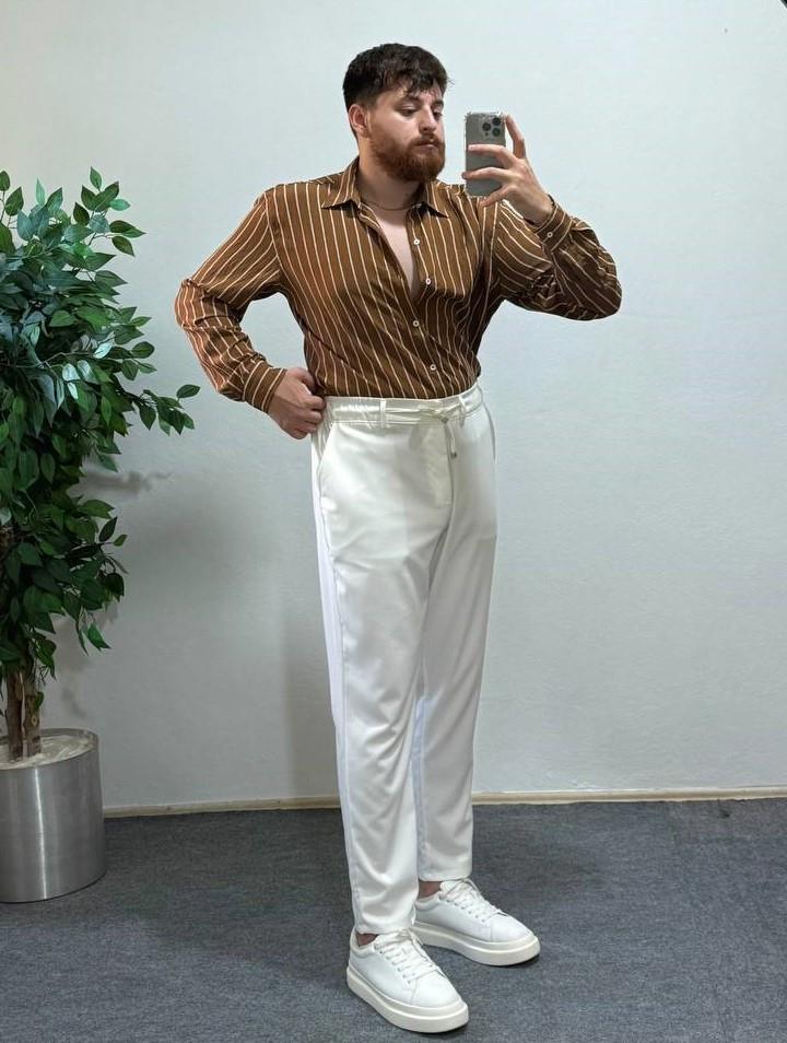 Taba Çizgili Modal Kumaş Gömlek