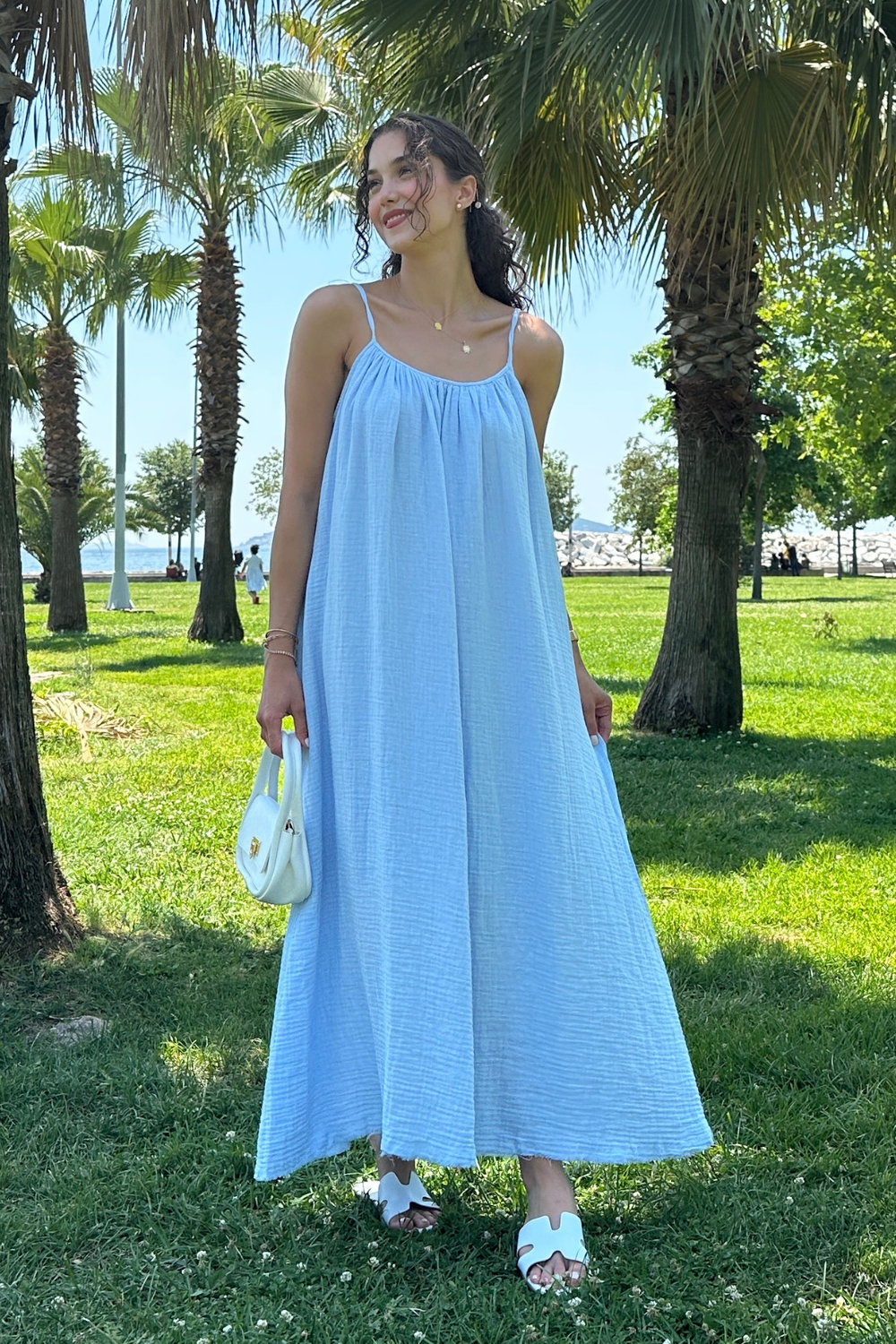 Askılı Müslin Elbise - MAVİ