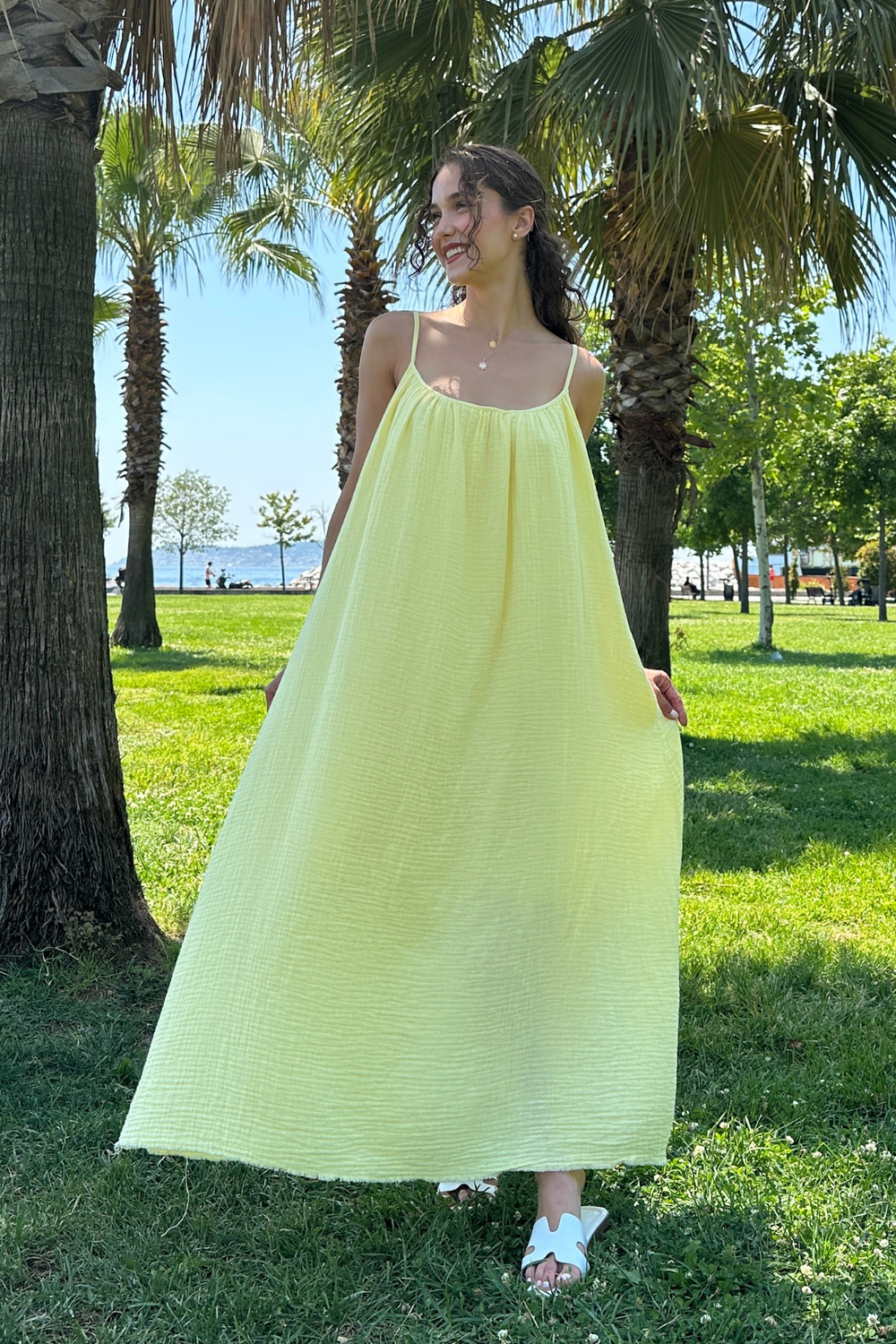 Askılı Müslin Elbise - SARI