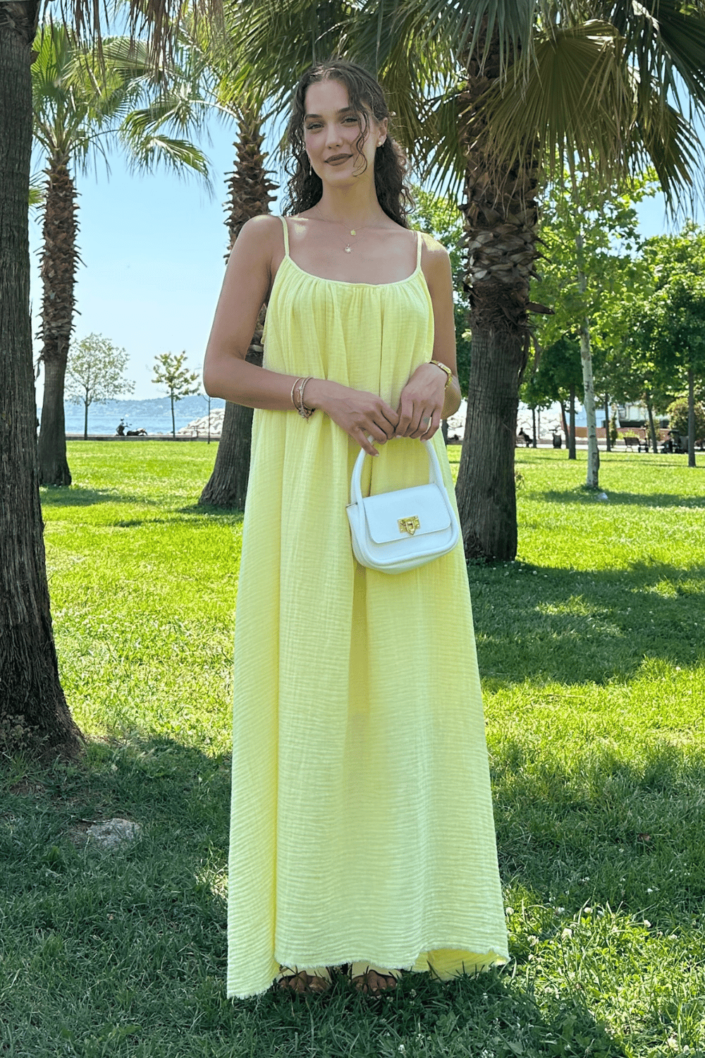 Askılı Müslin Elbise - SARI