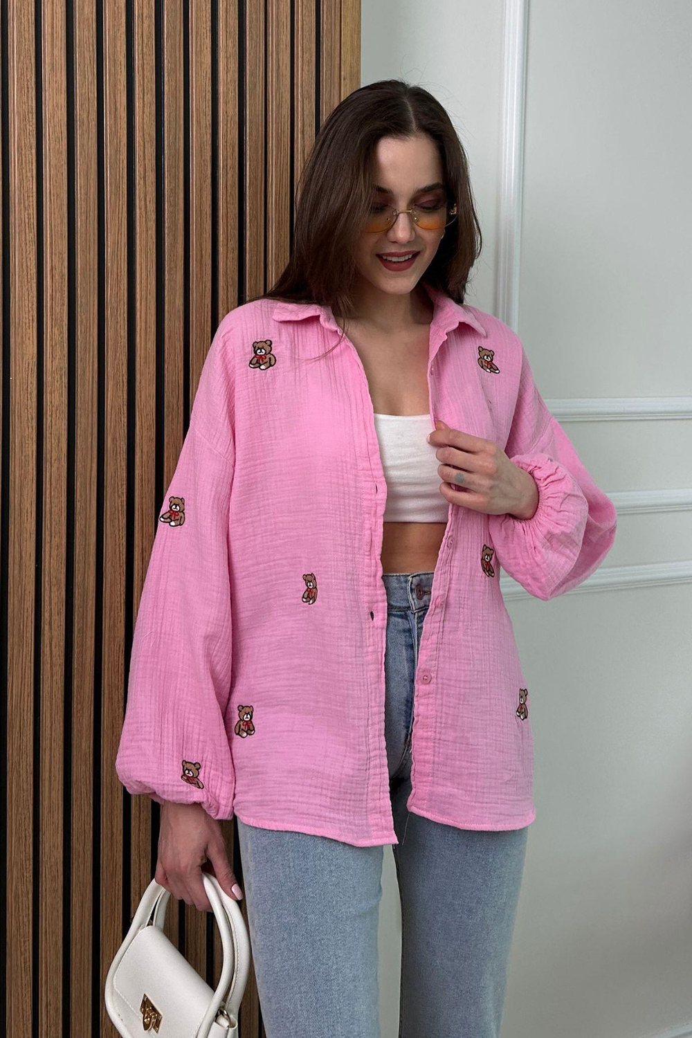 Ayıcıklı Müslin Gömlek - PEMBE