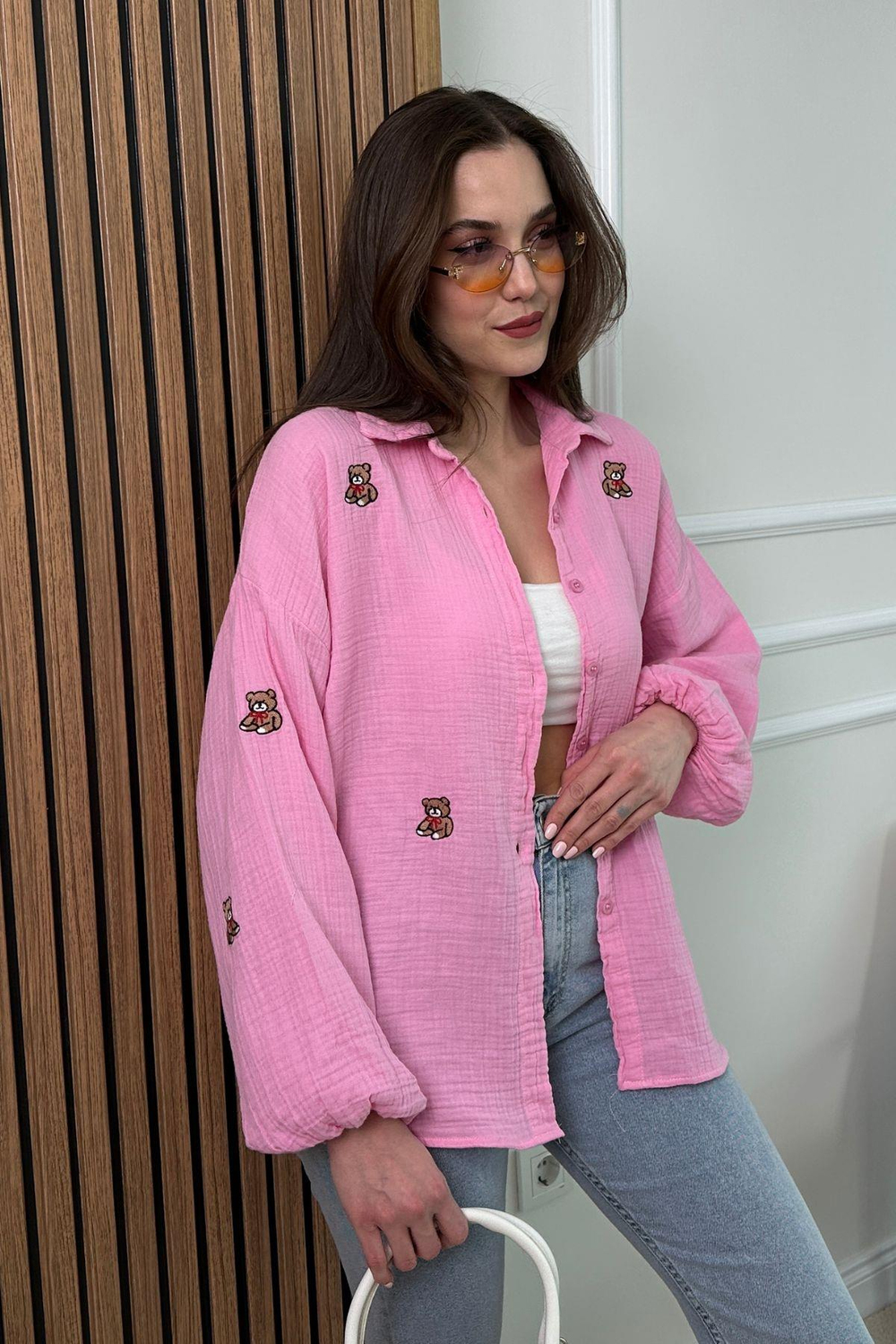Ayıcıklı Müslin Gömlek - PEMBE