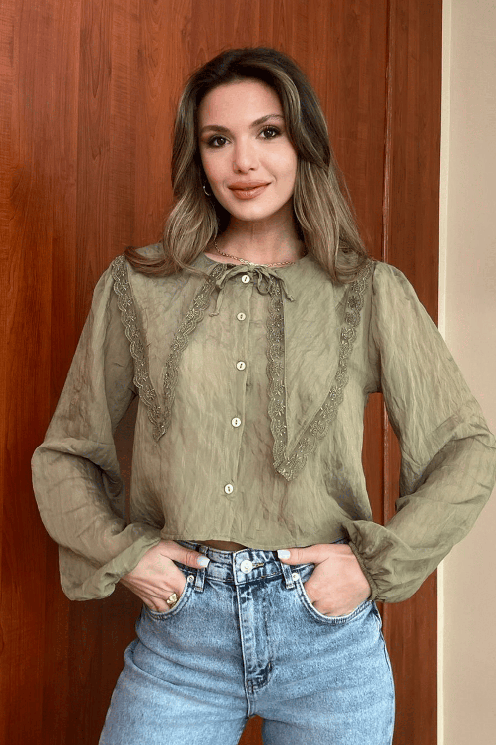 Bebe Yaka Dantelli Gömlek - YEŞİL