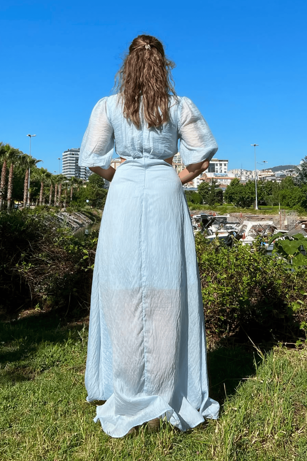 Bel Dekolteli Elbise - MAVİ