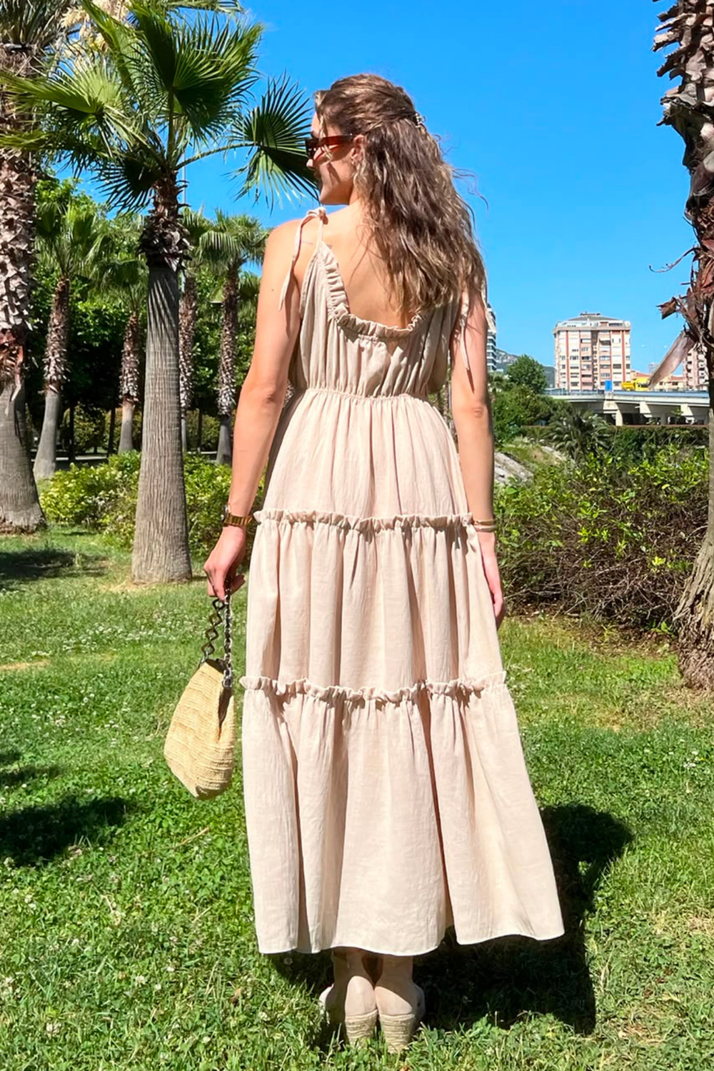 Büzgülü Keten Elbise - CAMEL