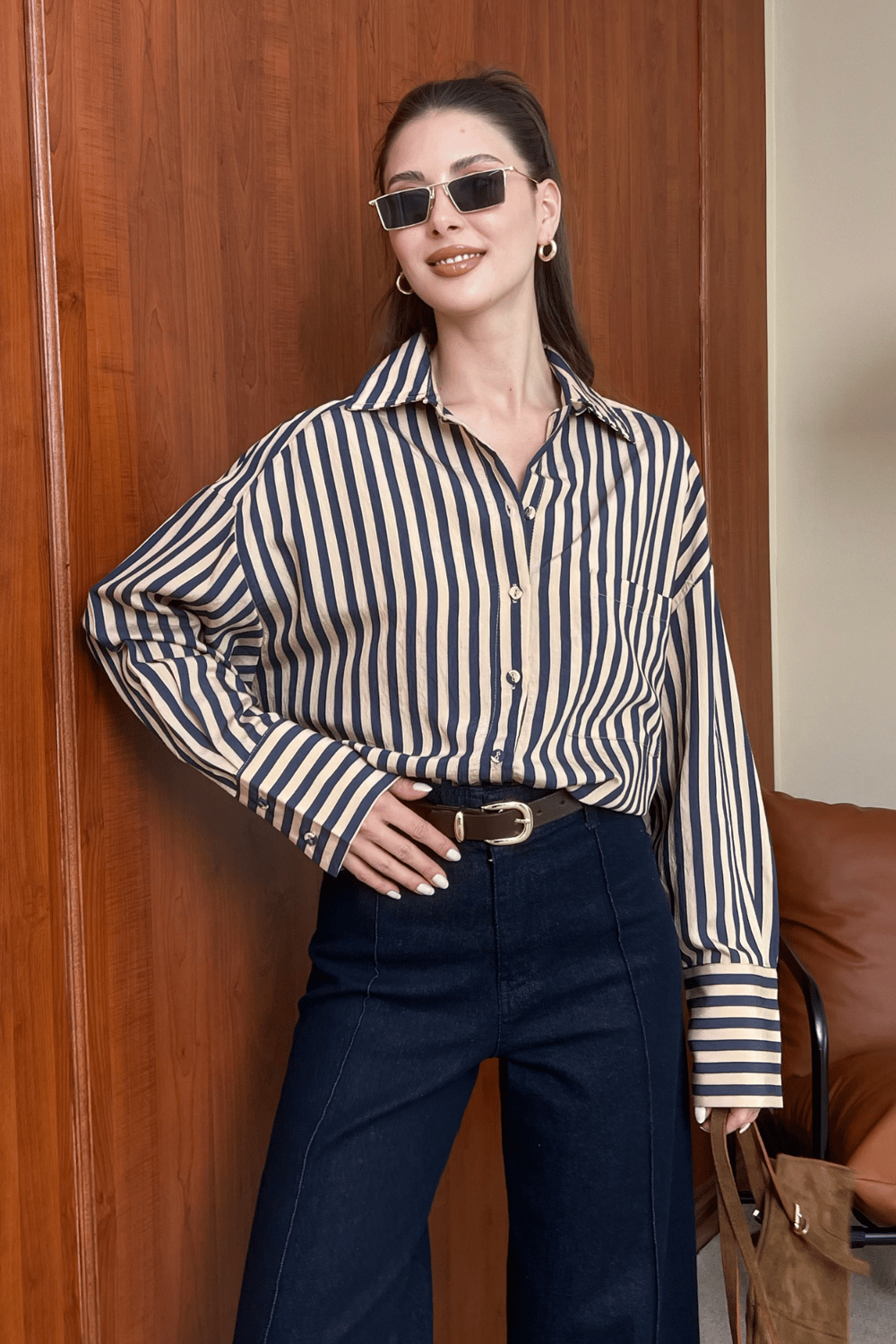 Çizgili Oversize Gömlek - TABA