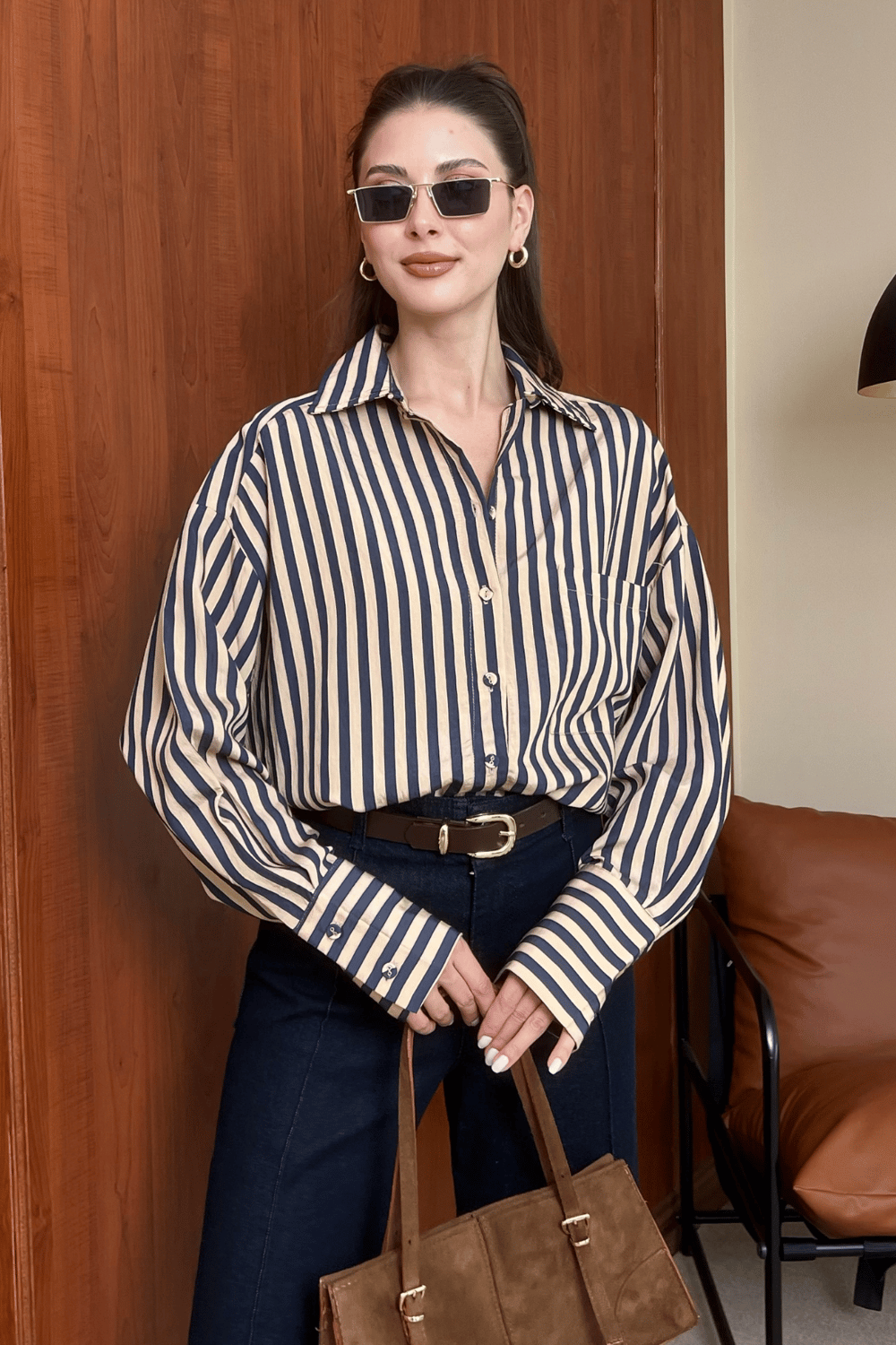 Çizgili Oversize Gömlek - TABA