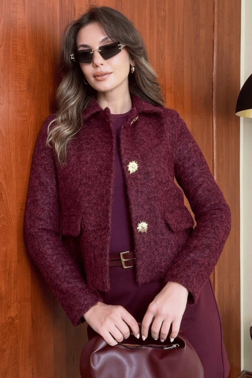 Crop Kaşe Ceket - BORDO