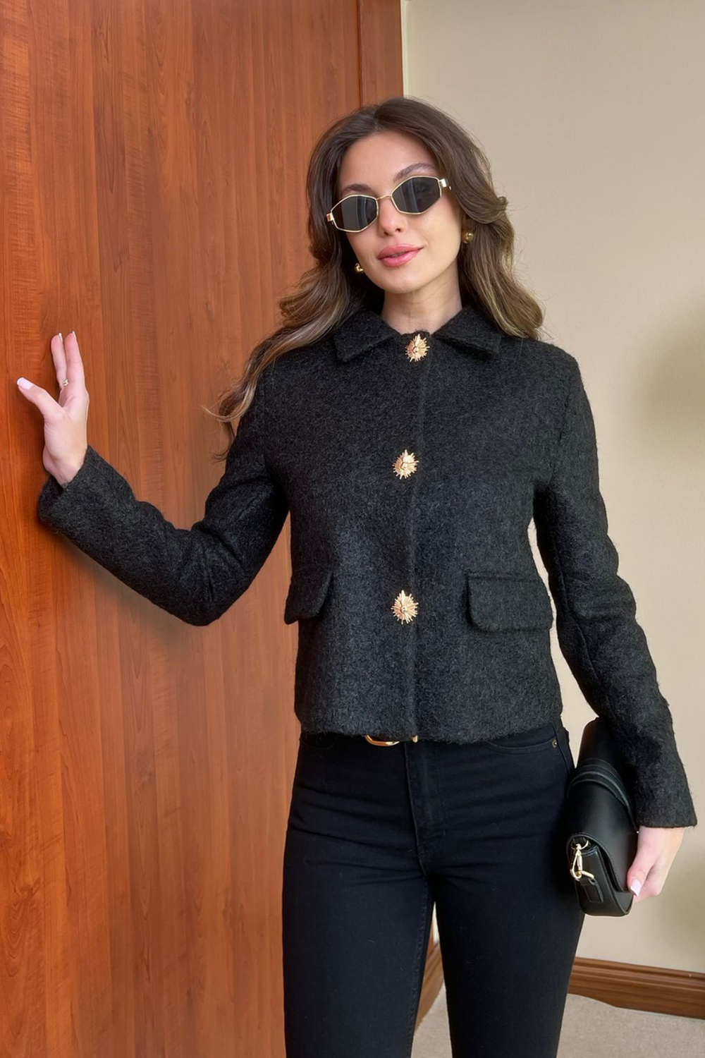 Crop Kaşe Ceket - SİYAH